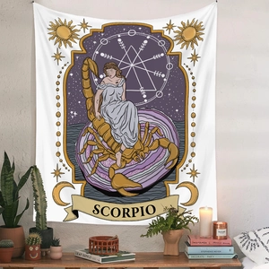 Detail of Scorpio zodiac tapestry with gold scorpion and purple mystical star pattern