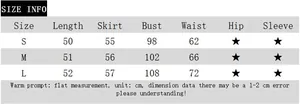 Detailed size information chart for the two-piece polka dot off-shoulder skirt set