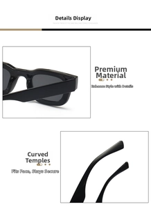 Detail view of wide temples and curved frame of unisex square sunglasses in black