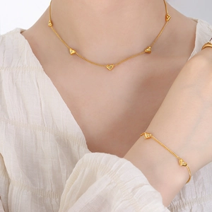 French heart pendant necklace and bracelet set in gold titanium steel with zircon stones