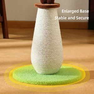 Vertical sisal cat scratching post with a stable green plush base and durable rope