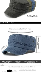 Detailed size specifications for the washed cotton cadet hat with adjustable buckle