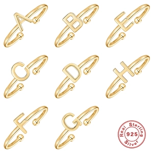Minimalist S925 sterling silver open rings with initial letters A-H in gold finish