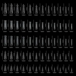 Size chart for 5 nail shapes showing length and width measurements in mm details
