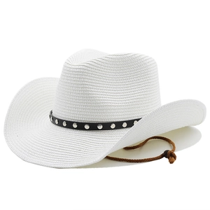 White woven bohemian cowboy hat with black studded band and brown chin strap