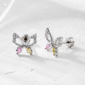 Titanium steel butterfly stud earrings with colorful cubic zirconia in silver finish