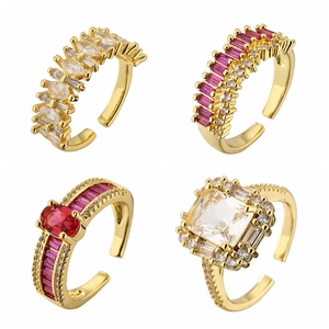 Women Copper Zircon Open Ring Geometric Colorful Gold Plated Adjustable Finger Jewelry Elegant Minimalist