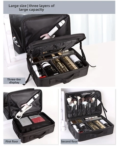 Three-layer oxford makeup organizer bag featuring adjustable dividers and brush slots