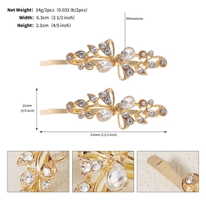 Detail showing dimensions and material of the golden rhinestone leaf hair clip set
