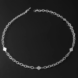 Hip hop titanium steel necklace featuring silver star rhombic pendants on black backdrop
