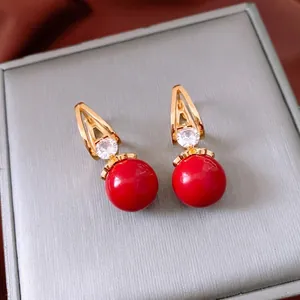 Vintage gold hoop earrings with zircon triangle studs and large red round pendant