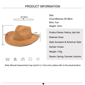 Brown straw jazz fedora hat for outdoors with 7cm wide brim and 56-58cm circumference
