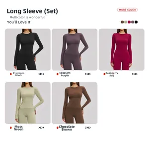 Detail of high-waist yoga leggings and long sleeve tops in five versatile sports colors