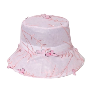 Chapeau de soleil en maille rose avec broderie florale et papillons 3D pour femmes