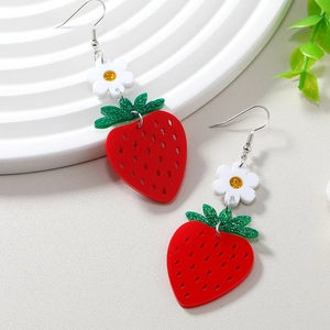 Cute strawberry and white flower acrylic drop earrings in vibrant summer candy colors