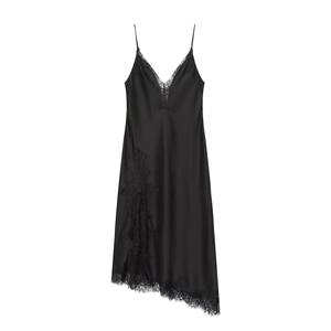 Elegant black silk satin slip dress with delicate lace trim and v-neckline detail