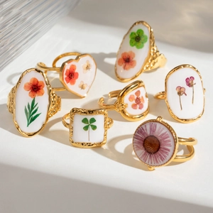 Adjustable Open Ring Stainless Steel Real Dried Flower Resin Inlay Floral Vintage Pastoral Jewelry For Women
