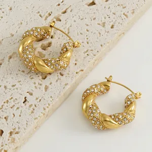 Twisted Hoop Earrings 18K Gold Plated Stainless Steel Pave Rhinestone C Shaped For Women Fashion Jewelry