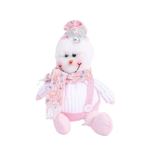 Pink sequin snowman plush toy wearing a knitted hat and scarf for Christmas decoration