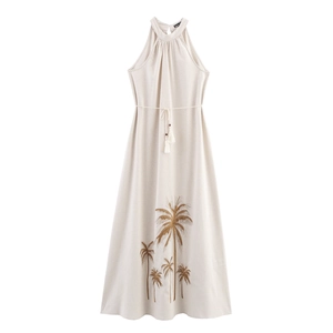 Damen Halfter Midikleid Mit Palmstickerei Ärmellos Quasten-Gürtel Urlaub Resort Elegant Vintage