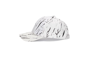 Detail of white baseball cap with black marble pattern texture and adjustable back strap