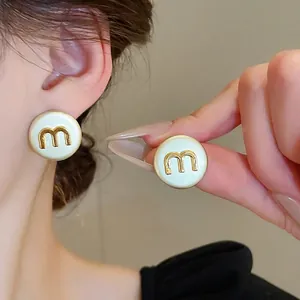 Round Stud Earrings Alloy Enamel Gold Letter Design With Silver Earring Post Vintage Style Women