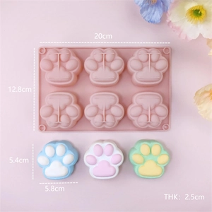 Pink 6-cavity cat paw silicone mold for chocolate and mousse cake with size dimensions