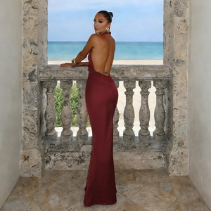 Elegant burgundy satin halter backless maxi dress for formal evening party and events