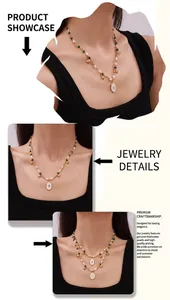 Detailed view of beaded necklace with star pendants, malachite beads, and pearls