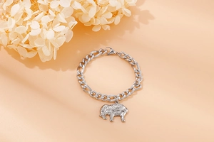 Detailed view of a silver titanium steel elephant charm bracelet with chain link design
