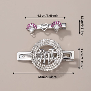 Detailed dimensions of silver turquoise hair clips with pink and clear rhinestones