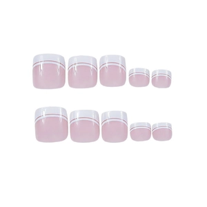 Glossy short square press-on toenails with white French lines and soft pink base