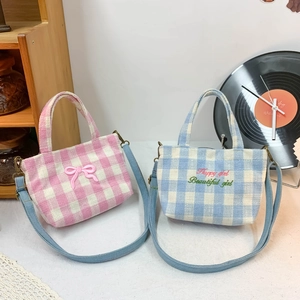 Kids Gingham Shoulder Bag Canvas Knit Crossbody Handbag With Bow Letter Embroidery Preppy Style For Girls