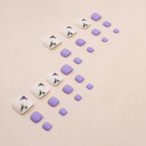 Matte purple toe press-on nails set with vintage summer floral patterns for women