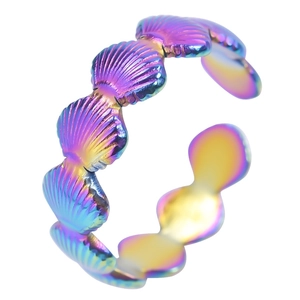 Macro view of shell-shaped open ring with iridescent rainbow electroplated finish