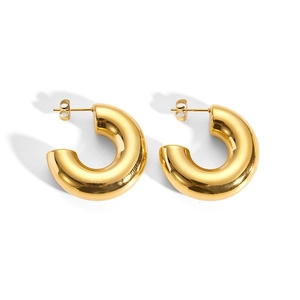 Elegant gold hollow stainless steel hoop earrings with high polished finish on white backdrop