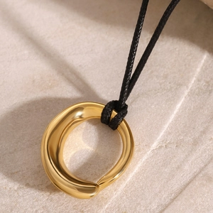 18k gold plated stainless steel hollow concave pendant on black wax rope cord necklace