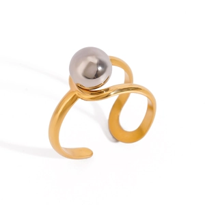 Two-tone stainless steel open ring with gold twisted band and a silver bead accent