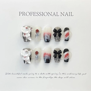 Handmade Press On Nails Angel Relief Rose Flower 3D Bow Gothic Coffin Shape Removable Reusable