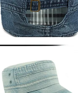 Detailed view of washed denim cadet cap with adjustable bronze metal buckle and stitching