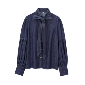 Denim Shirt Long Sleeve Bow Tie Neck Puff Sleeve Casual Retro French Style Blouse Top For Women Dark Blue Fashion