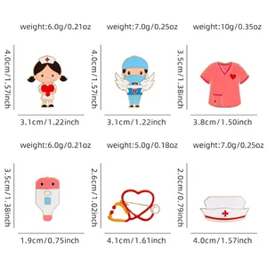 Size chart for medical series enamel pins including doctor and nurse stethoscope brooch specs