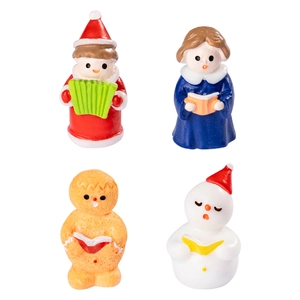 Miniature resin Christmas figurine set with choir boy, girl, gingerbread man, and snowman