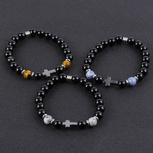 Men's Natural Tiger Eye Stone Beaded Bracelet With Stainless Steel Cross Charm Hematite Elastic Bracelet