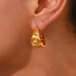 French style 18K gold plated stainless steel moon earrings with irregular wrinkled texture