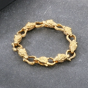 Close-up of golden stainless steel wolf head links and circular star-pattern clasp