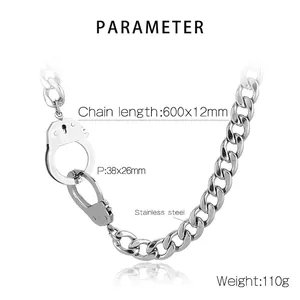 Vue détaillée du collier menottes en acier inoxydable avec chaîne NK de 600mm et mesures