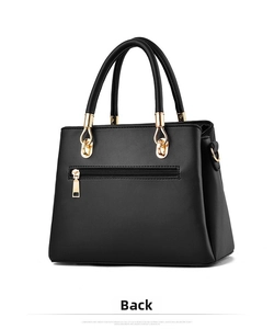 Rear view of a black elegant tote bag featuring gold zippers and smooth leather texture