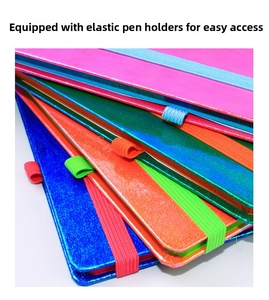 Detail showing elastic pen loops and iridescent laser covers on stacked notebooks