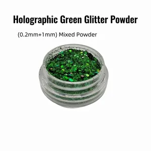 Macro view of laser green sparkling mixed glitter powder and hexagon sequins in a jar